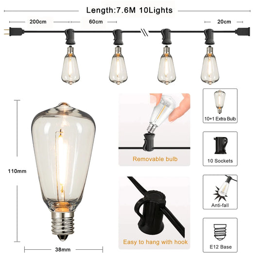 ST38 String Lights Outdoor Garland Connectable Shatterproof Waterproof Plastic LED Bulb Dimmable Patio Garden Decor Fairy Lighst