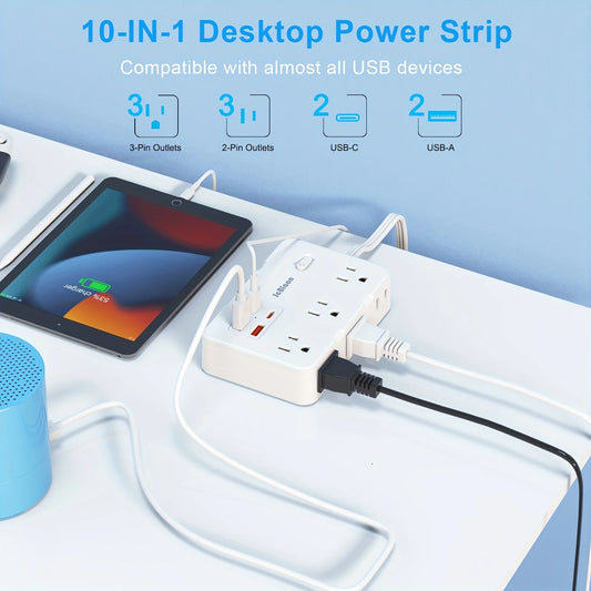 10-IN-1 Surge Protector with 6 Outlets Extender 4 USB Ports, 5Ft Power Strip, Power Adapter for Home Office School Travel Room