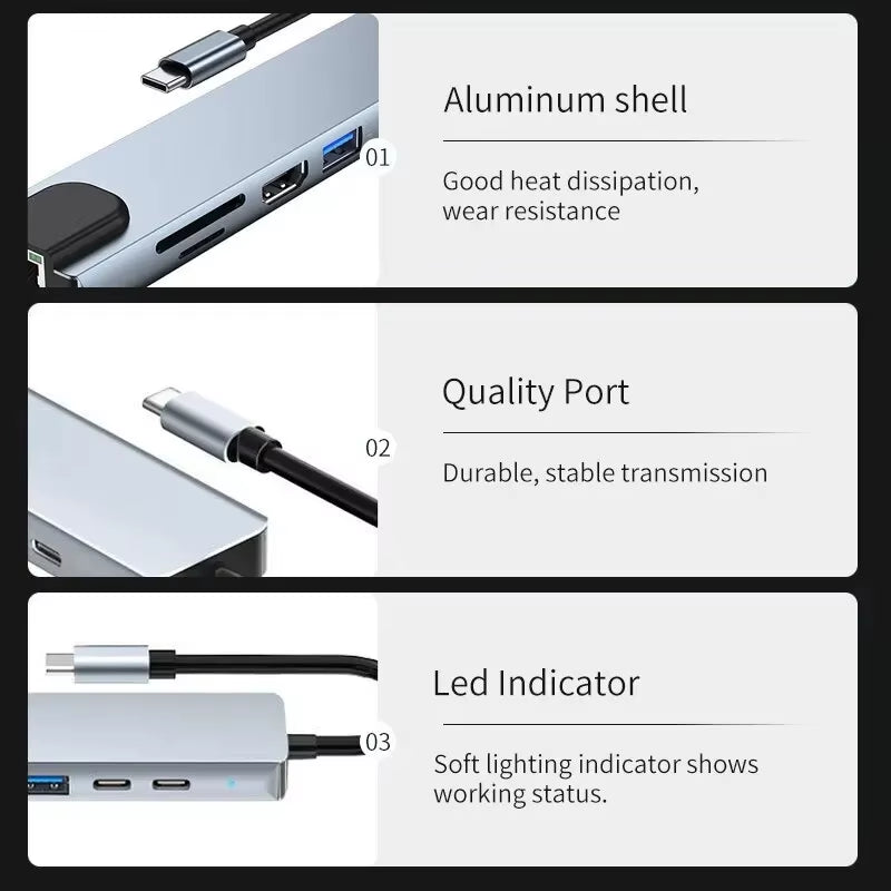 8 In1 USB C HUB 3.0 Type C Splitter 4K Docking Station Laptop Adapter PD SD TF for Macbook Air M1 Ipad Pro RJ45 Hdmi-Compatible