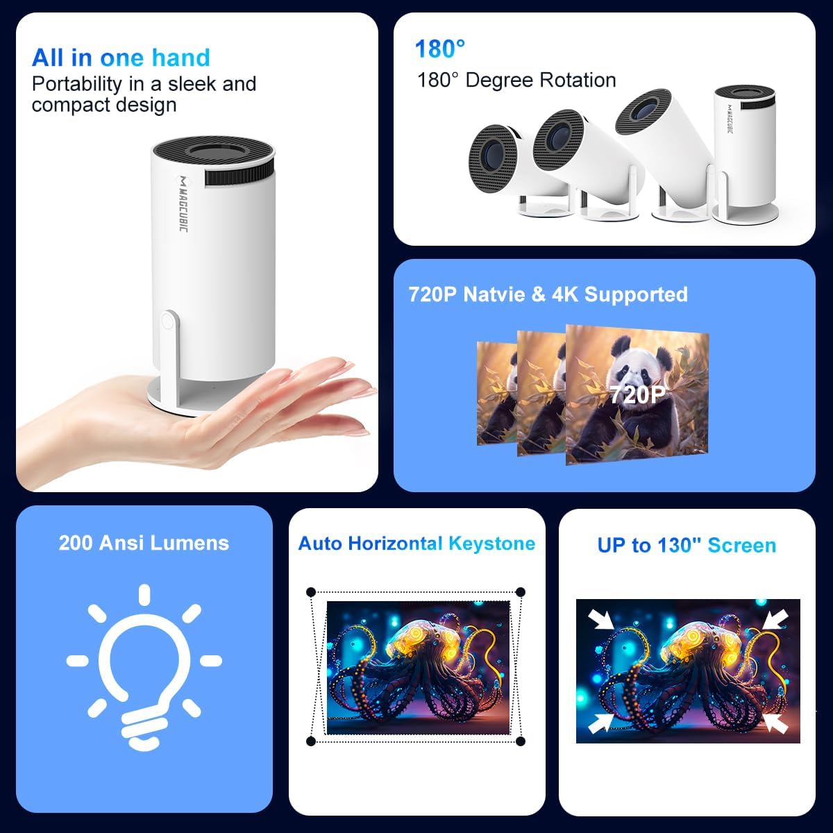 HY300PRO Mini Projector with Wifi and Bluetooth, 4Ksupport 200Ansl Smart Portable Projector, Autokeystone, 180° Rotation, Home Video Proyector for Homebedroom Outdoor Android 11