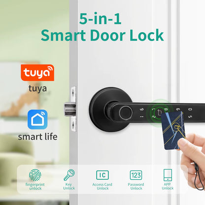 Tuya 5-In-1 Door Lock Smart Home Products Fingerprint Locks Remote Control App Unlock Support Password IC Card Key Unlock