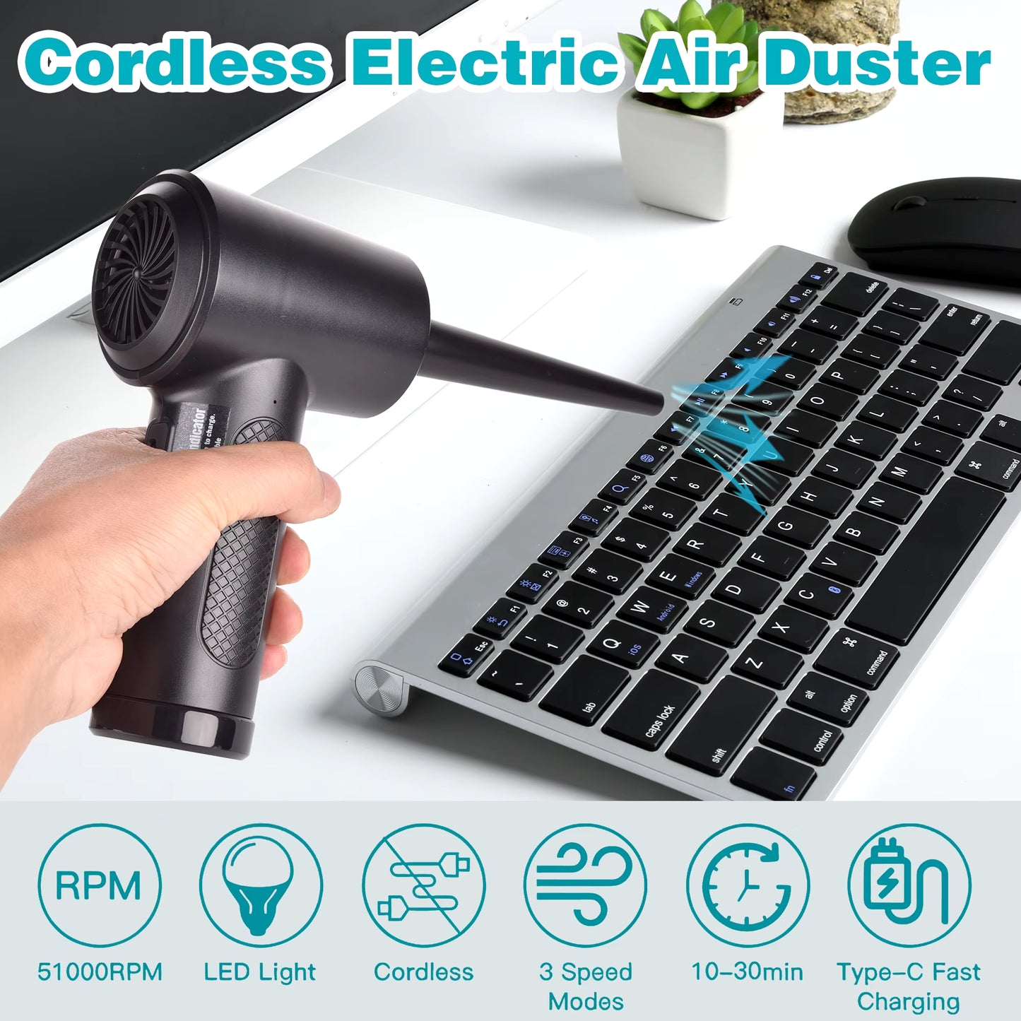 Protable Air Duster for Computer Cleaning 51000RPM Cordless Compressed Air Blower with LED Light for PC Computers Keyboard Clean