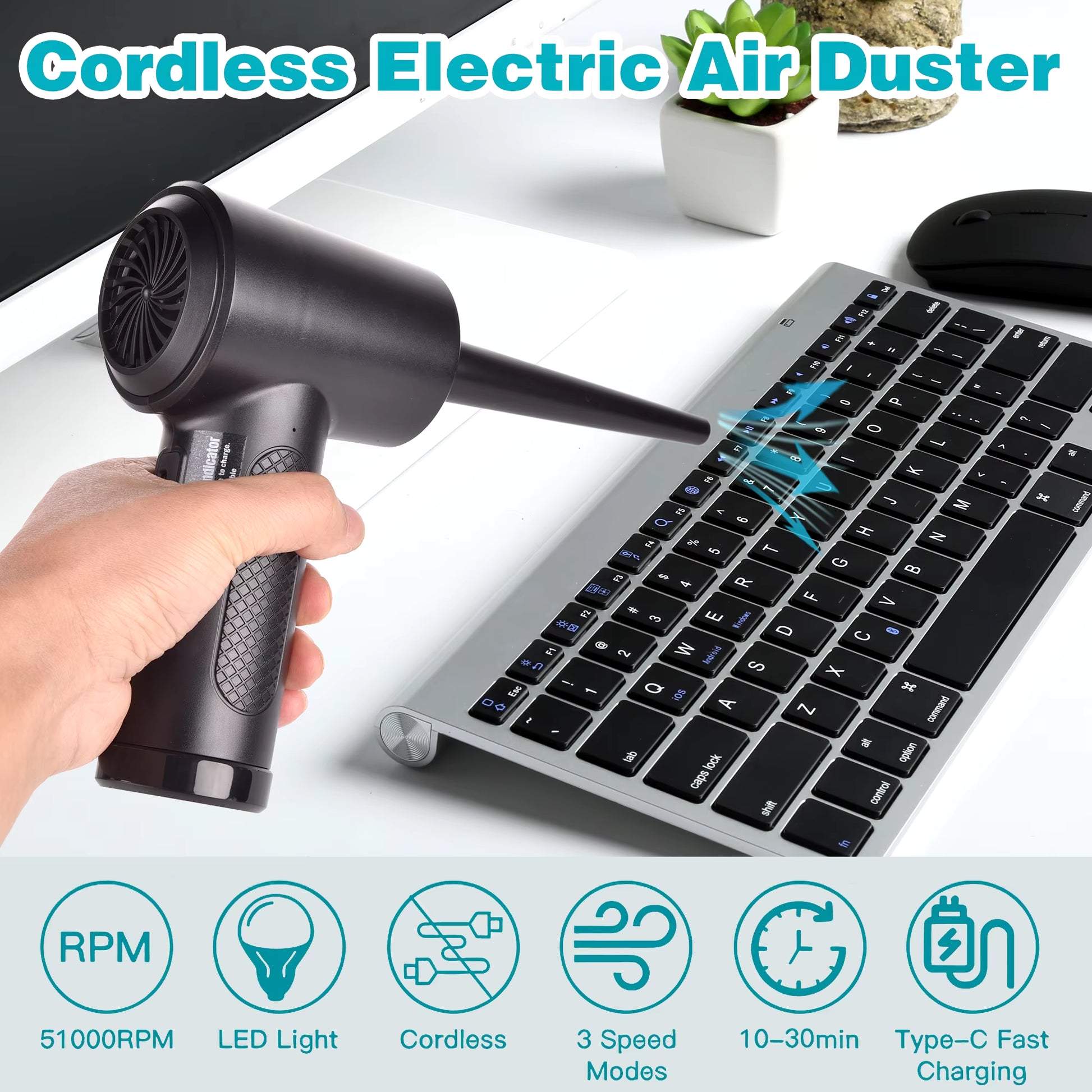 Protable Air Duster for Computer Cleaning 51000RPM Cordless Compressed Air Blower with LED Light for PC Computers Keyboard Clean