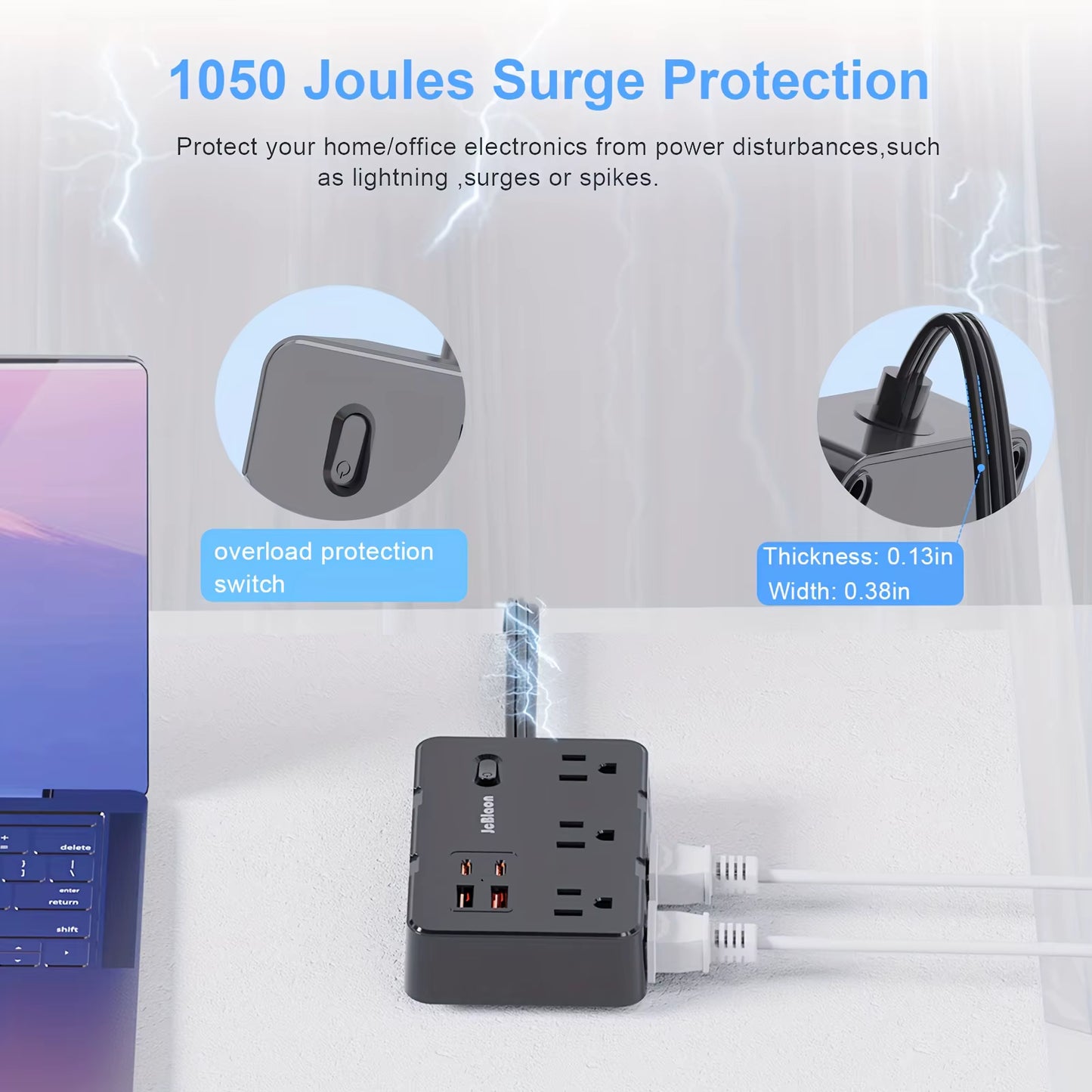 10-IN-1 Surge Protector with 6 Outlets Extender 4 USB Ports, 5Ft Power Strip, Power Adapter for Home Office School Travel Room